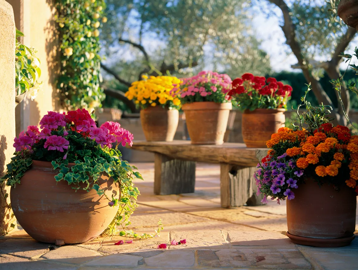 Sunny garden with colorful blooms in terracotta planters