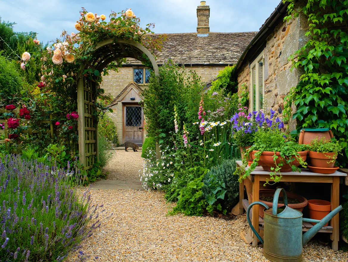 Charming cottage style garden with mixed plantings