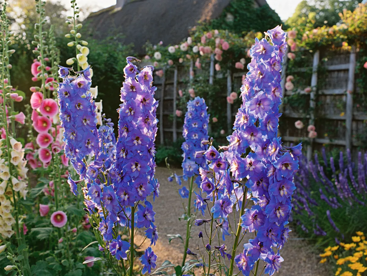 Delphinium spikes in cottage garden setting