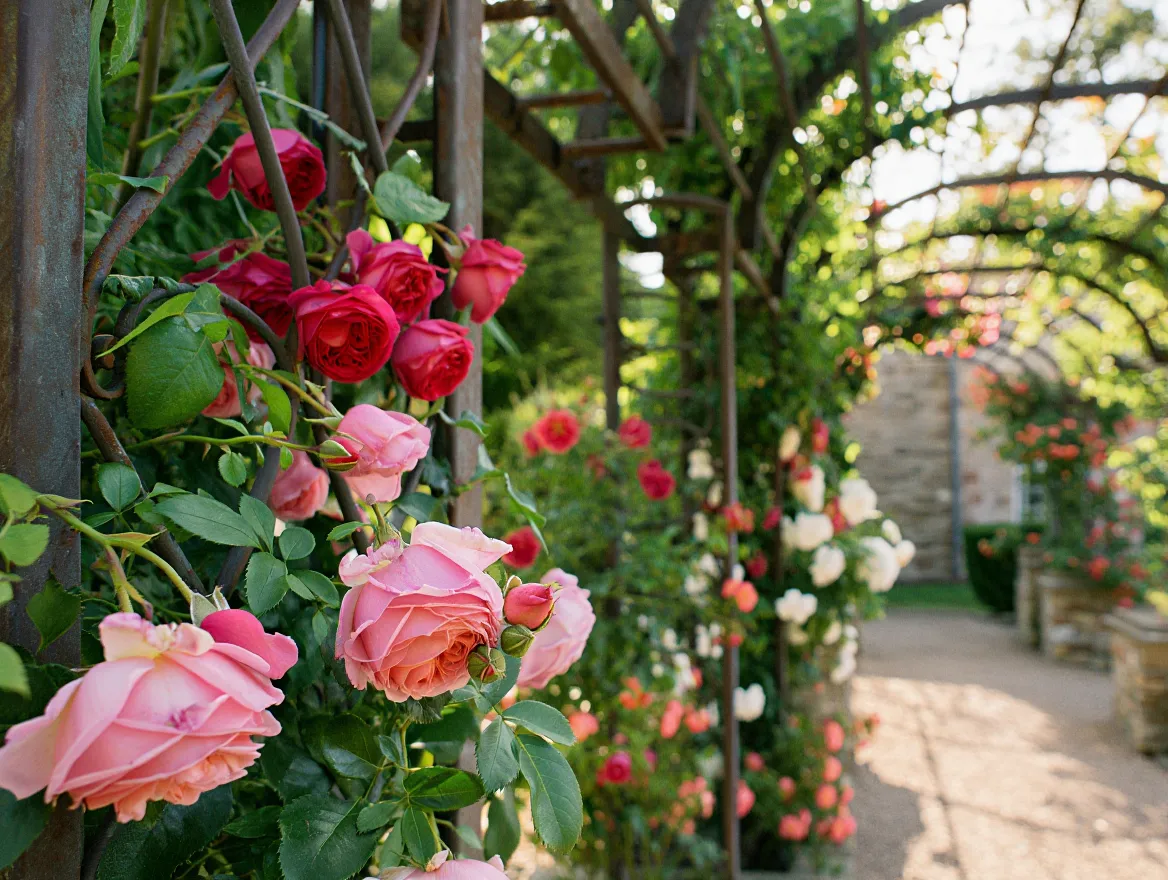 Roses climbing garden structures